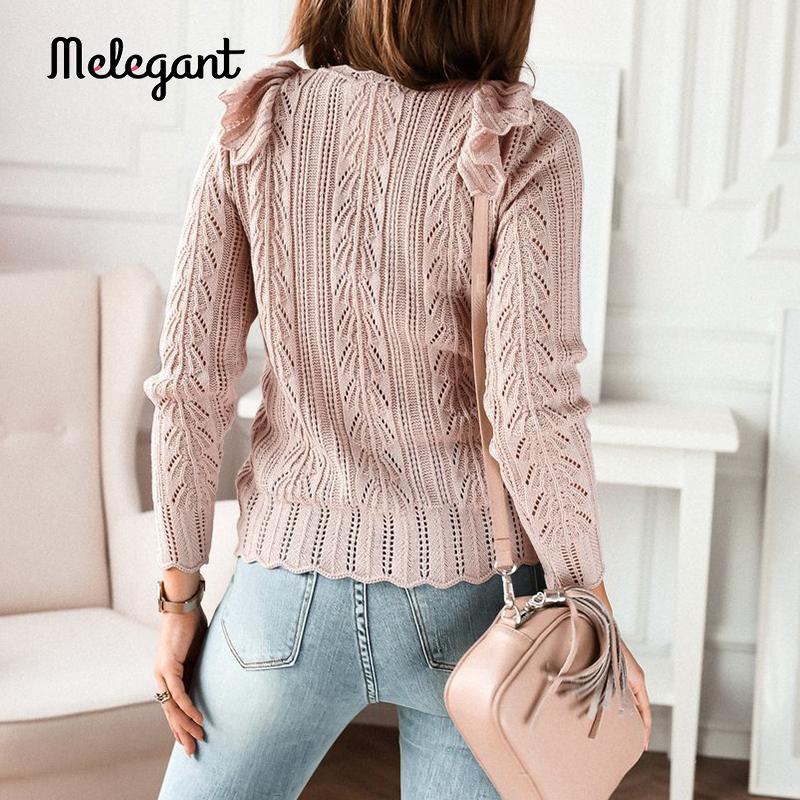 Womens Sweaters Melagant Knitted Sweater Women Autumn Winter Long Sleeve Ruffled Fashion Female Ladies Fitted Pink Pullover Jumpers