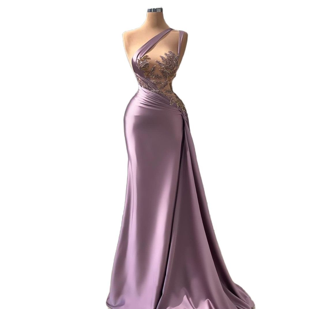 Sexy Lilac Light Purple Prom Dresses Mermaid One Shoulder Illusion Crystal Beads Evening Gowns Cutaway Sides Plus Size Formal Party Dress