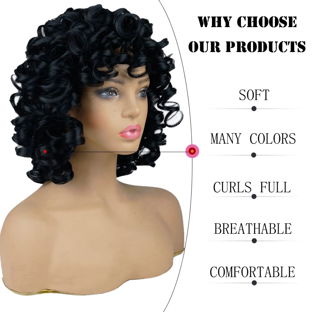 African american 100% human hair wigs Short bouncy Curly Wig with Bangs Afro Kinky Curls full machine made Natural Looking 150%