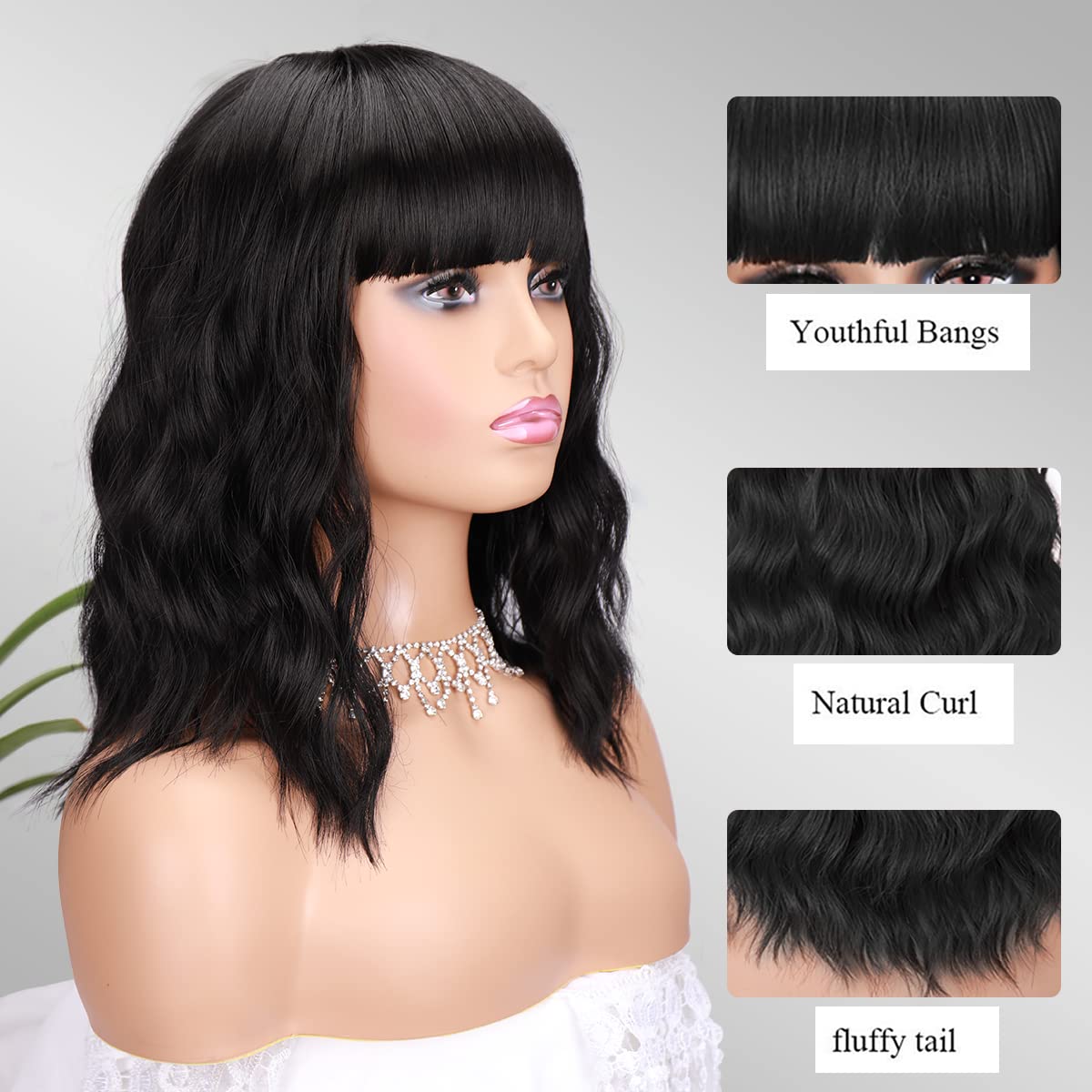 Elegant Nautral wave brazilian human hair Wig with Bangs Bob Short Curly Wigs full machine made none lace Charming wet Wavy Wigs for Black Women