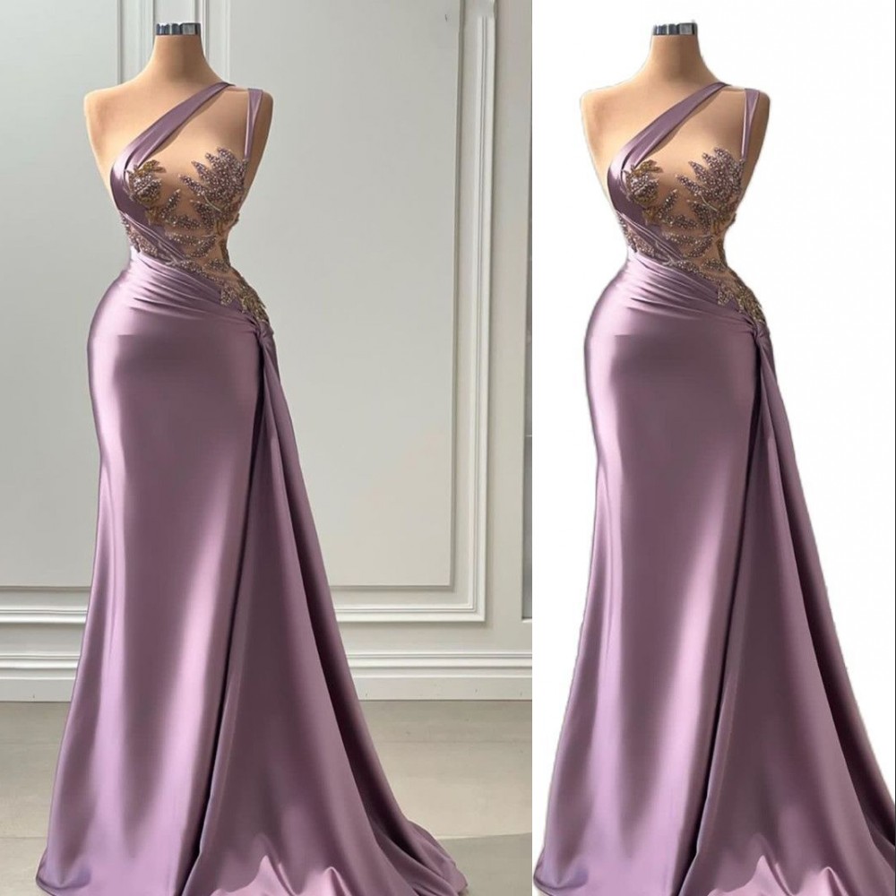 Sexy Lilac Light Purple Prom Dresses Mermaid One Shoulder Illusion Crystal Beads Evening Gowns Cutaway Sides Plus Size Formal Party Dress