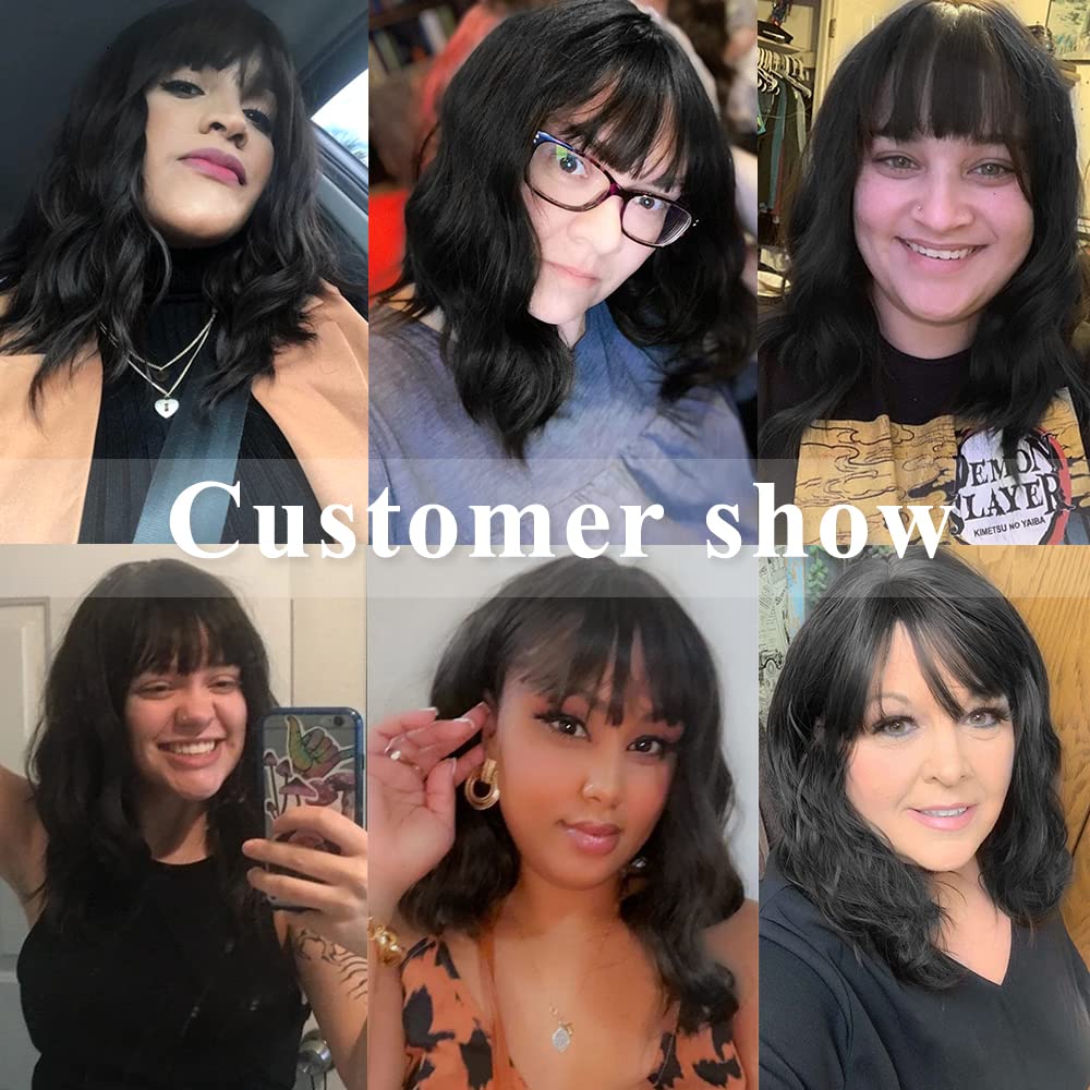 Elegant Nautral wave brazilian human hair Wig with Bangs Bob Short Curly Wigs full machine made none lace Charming wet Wavy Wigs for Black Women