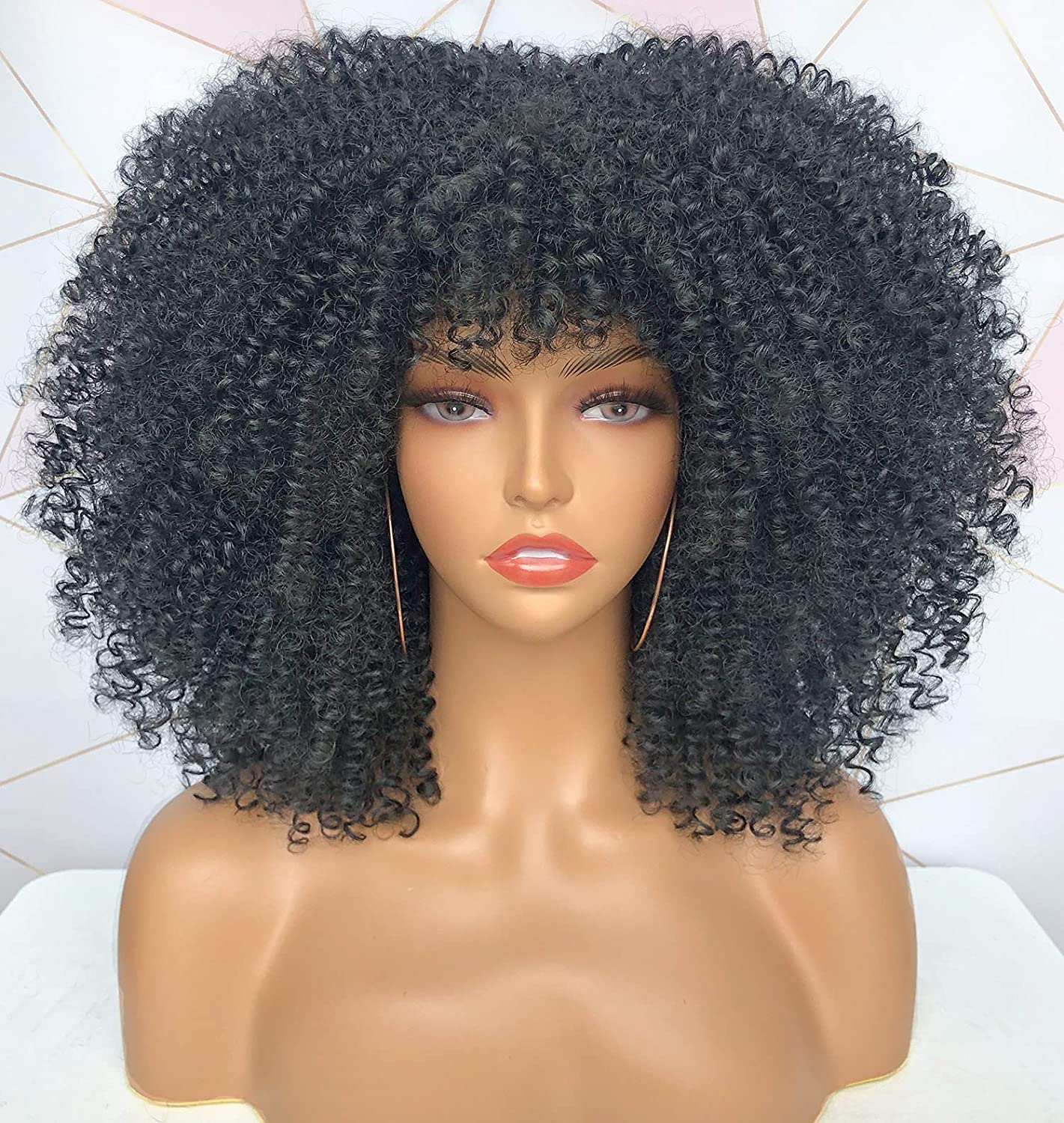 Glueless real human afro kinky Curly wigs With Bangs for Black Women full machine made Kinki afro pixie curl Hair Wig None lace 150%density wholesale 