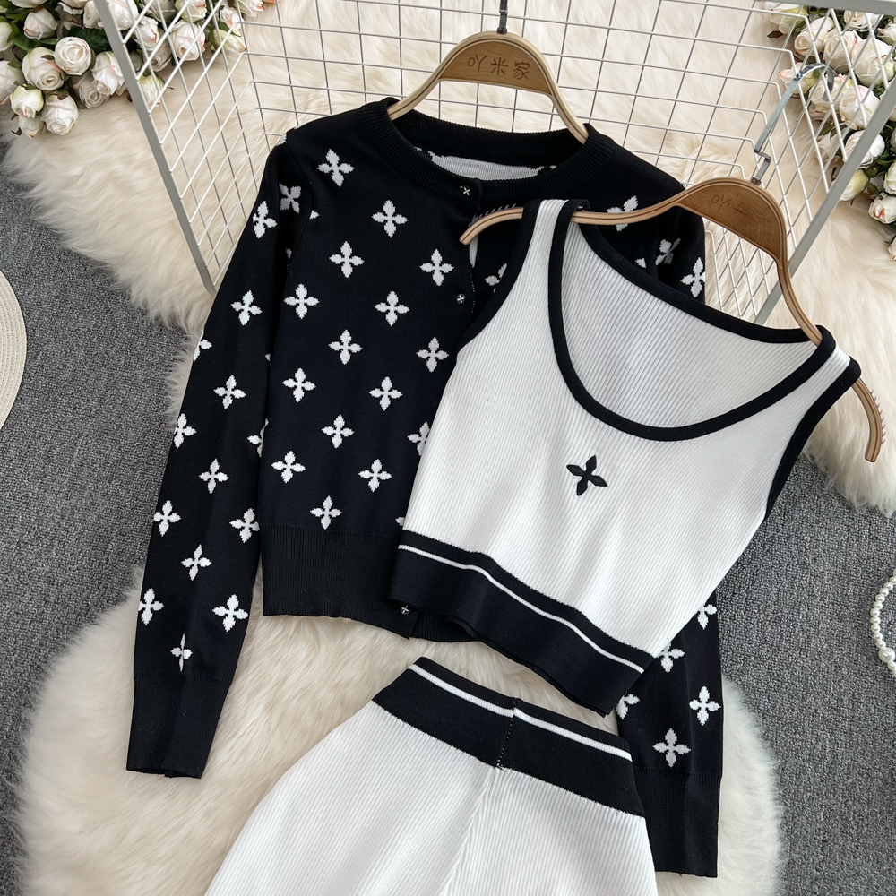 Womens cross embroidery knitted vest and sweater cardigan and wide leg long trousers 3 pcs set pants suit