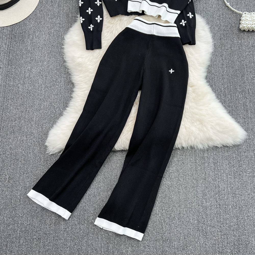 Womens cross embroidery knitted vest and sweater cardigan and wide leg long trousers 3 pcs set pants suit