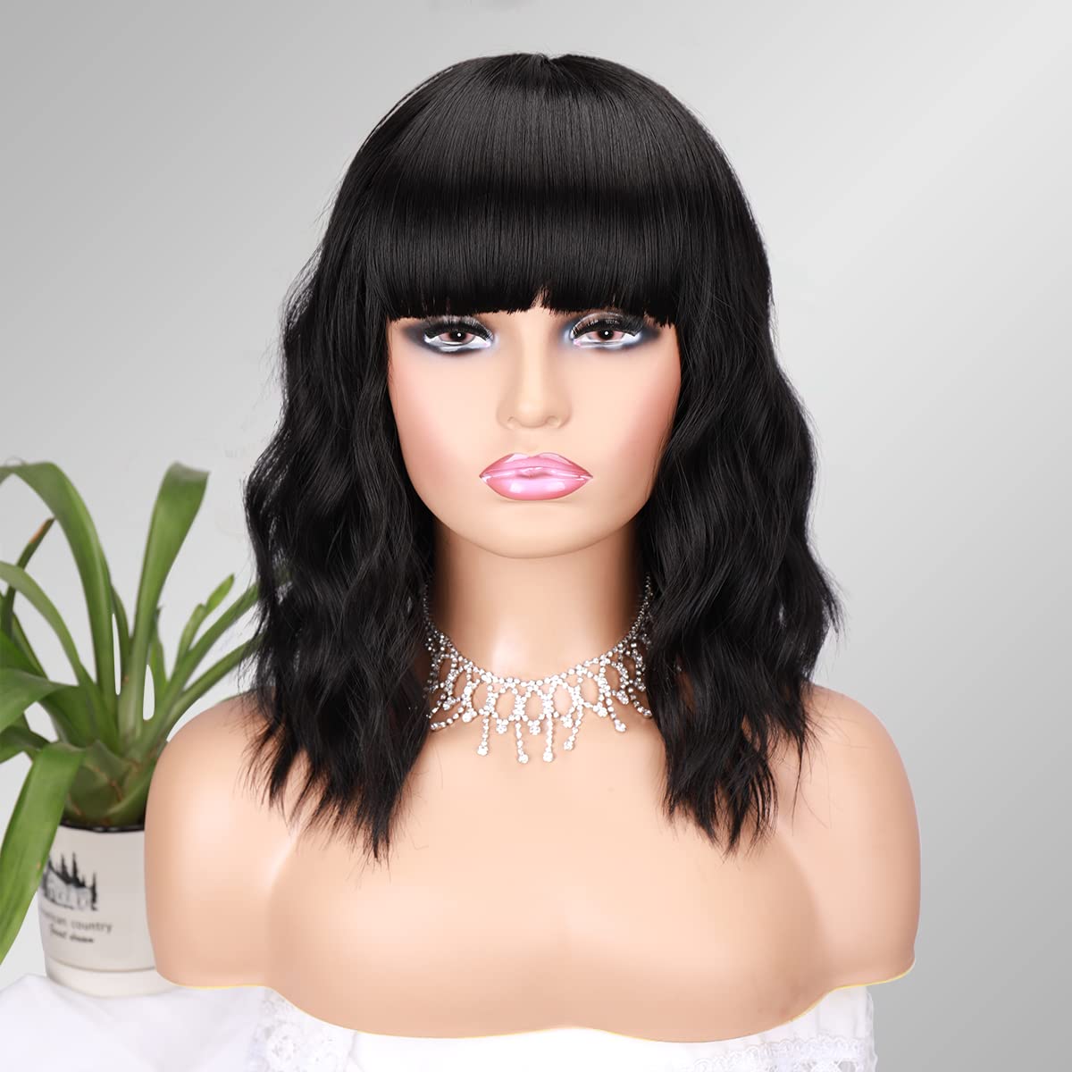 Elegant Nautral wave brazilian human hair Wig with Bangs Bob Short Curly Wigs full machine made none lace Charming wet Wavy Wigs for Black Women