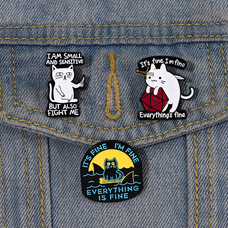 It's Fine I'm Fine Enamel Pin Custom Funny Cat Sharks Sword Brooch Lapel Badge Kitten Animal Jewelry Gift for Kids Friends, Color #1
It's Fine I'm Fine Enamel Pin Custom Funny Cat Sharks Sword Brooch Lapel Badge Kitten Animal Jewelry Gift for Kids Friends, Color #1