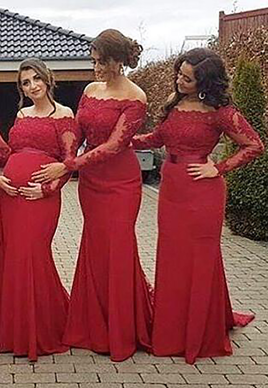 New Red Bridesmaid Dresses Plus Size Maternity Off Shoulder Long Sleeves Prom gowns Pregnant Formal Dresses