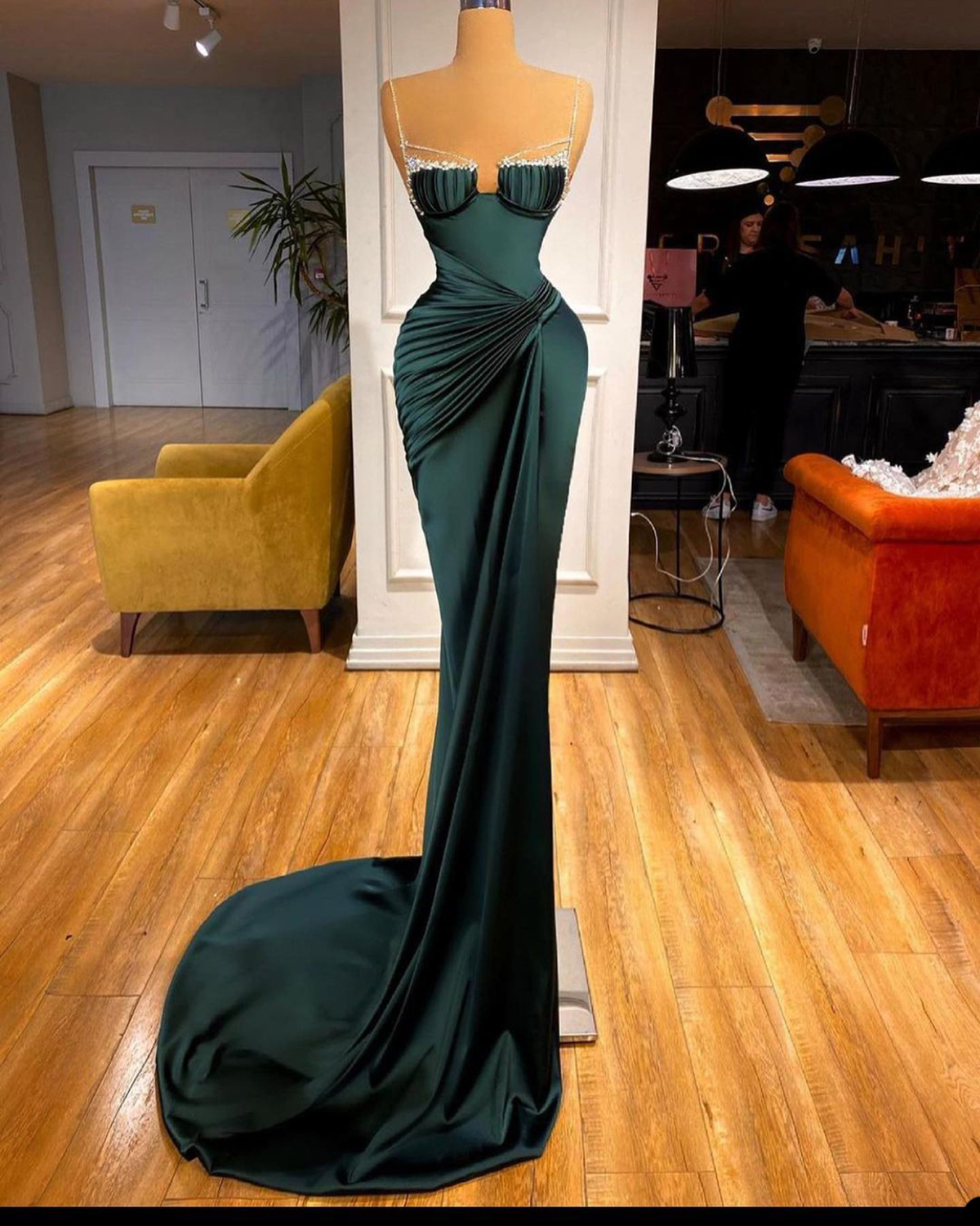 Dark Green Mermaid Prom Dresses Satin Beads Spaghetti Straps Pleats Formal Evening Occasion Gowns For Women Custom Made