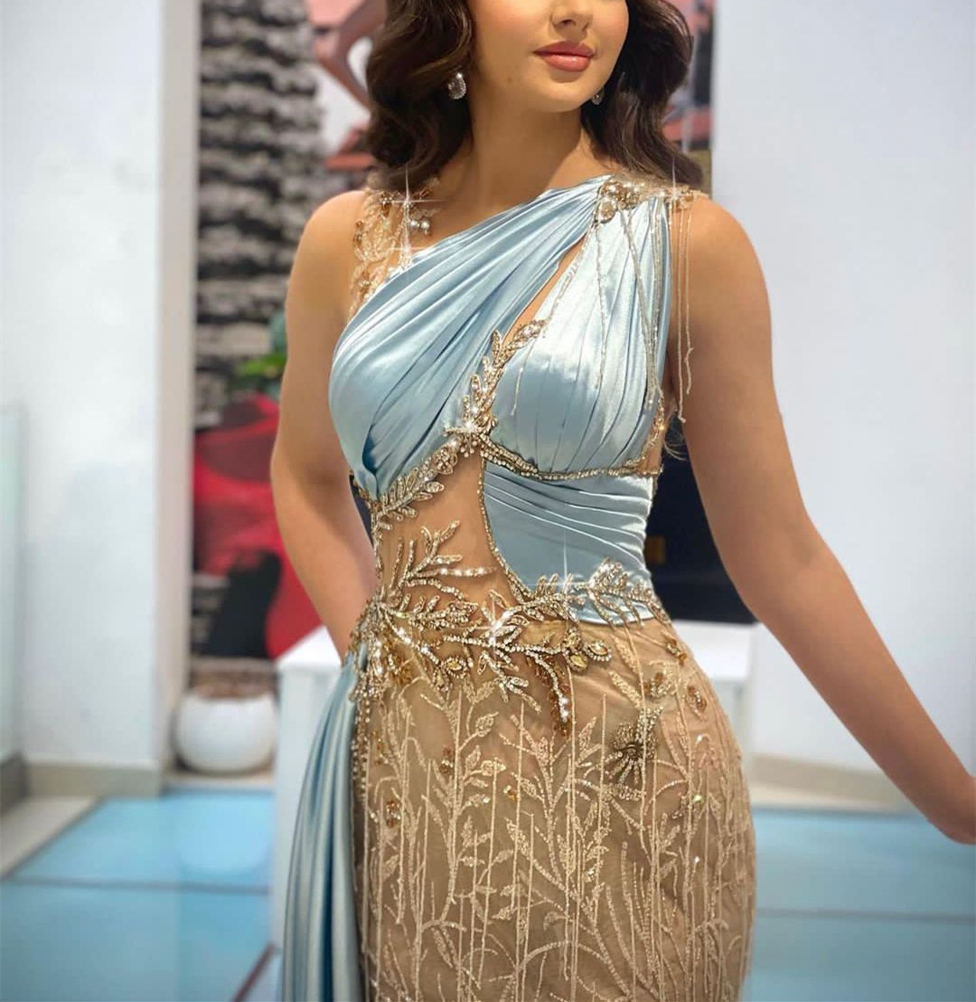 Sparkly Evening Sleeveless High Neck Beaded 3D Lace Hollow Satin Appliques Sequins or Length Celebrity Formal Prom Dresses Gowns Party Dress Customed