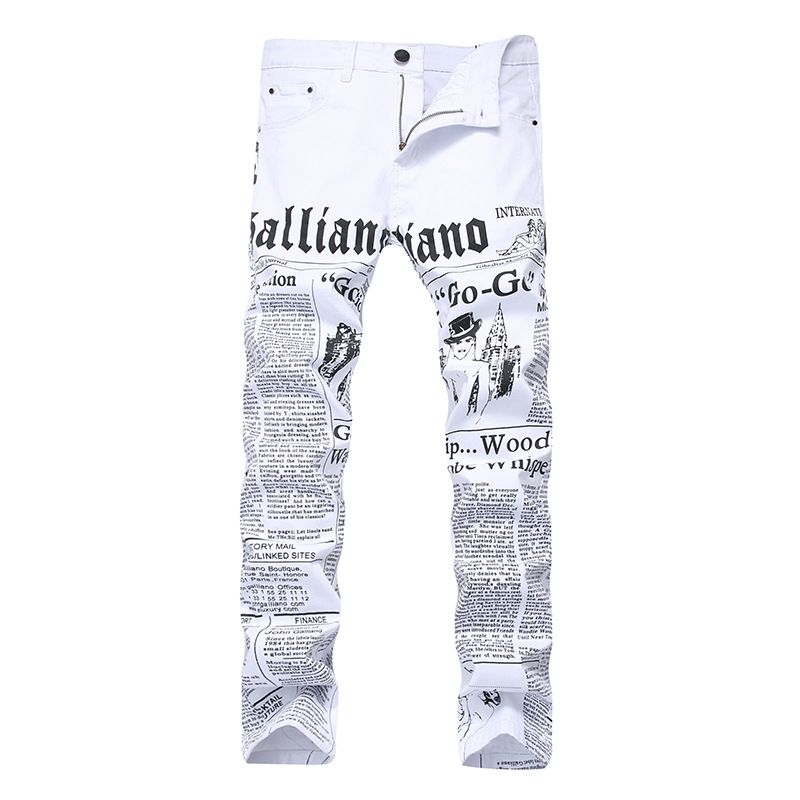Men's Jeans Wholesale- John Males Galliano Top Quality Nightclub DJ Spaper Printed Pattern Slim Motorcycle JeansMen's