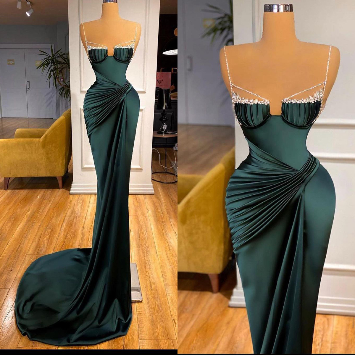 Dark Green Mermaid Prom Dresses Satin Beads Spaghetti Straps Pleats Formal Evening Occasion Gowns For Women Custom Made