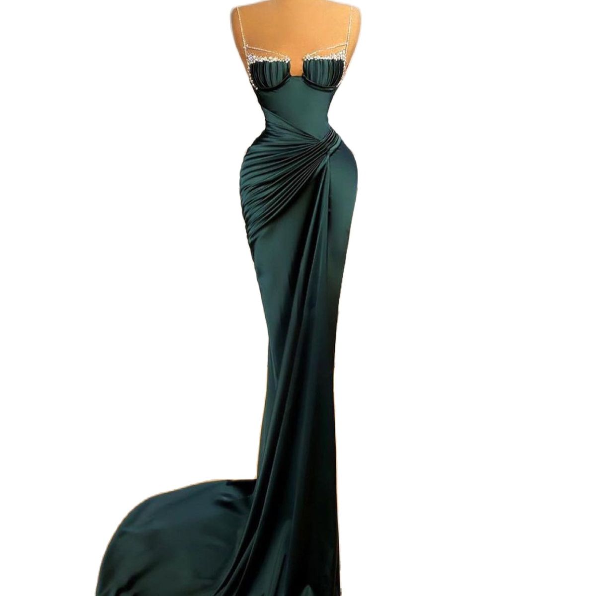 Dark Green Mermaid Prom Dresses Satin Beads Spaghetti Straps Pleats Formal Evening Occasion Gowns For Women Custom Made