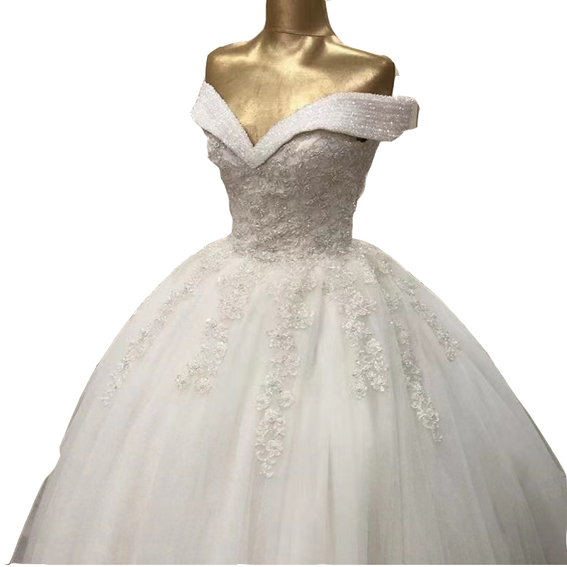 Ball Gown Wedding Gowns Off Shoulder Illusion Arabia Lace Appliques Crystal Beads Plus Size Tulle Bridal Party Dresses Robe De Marriage Corset Back 40