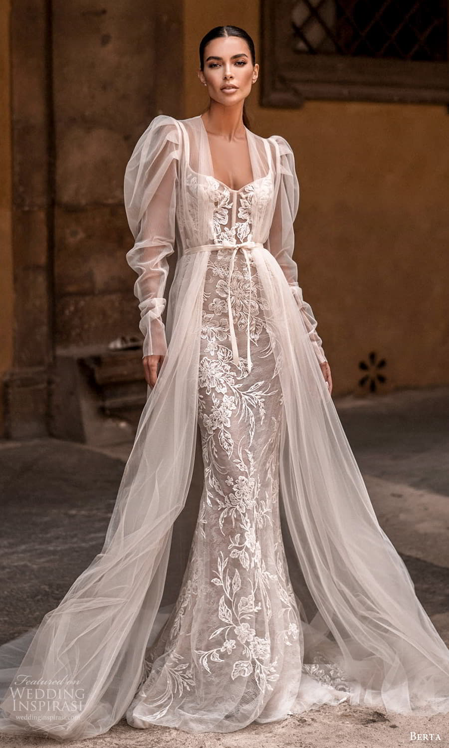 Gorgeous Lace Mermaid Wedding Dresses With Wrap Lace-Up Back Appliqued Bridal Gown Boho Country Sweep Train Vestido De Novia