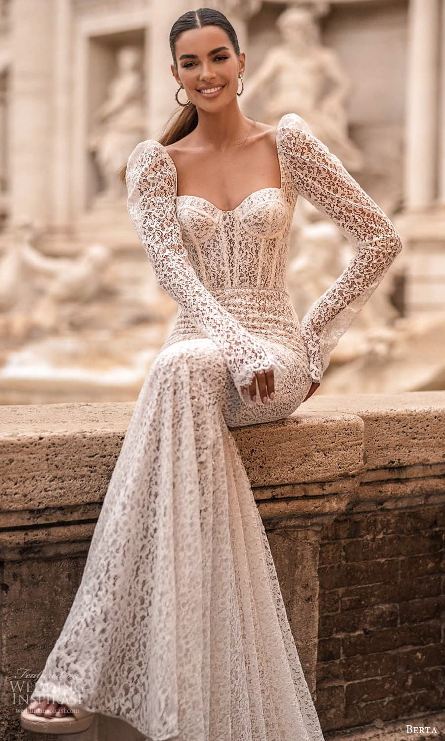 Gorgeous Full Lace Mermaid Wedding Dresses Long Sleeve Sweetheart Bridal Gown Beach Boho Country Sweep Train Vestido De Novia Berta 2023