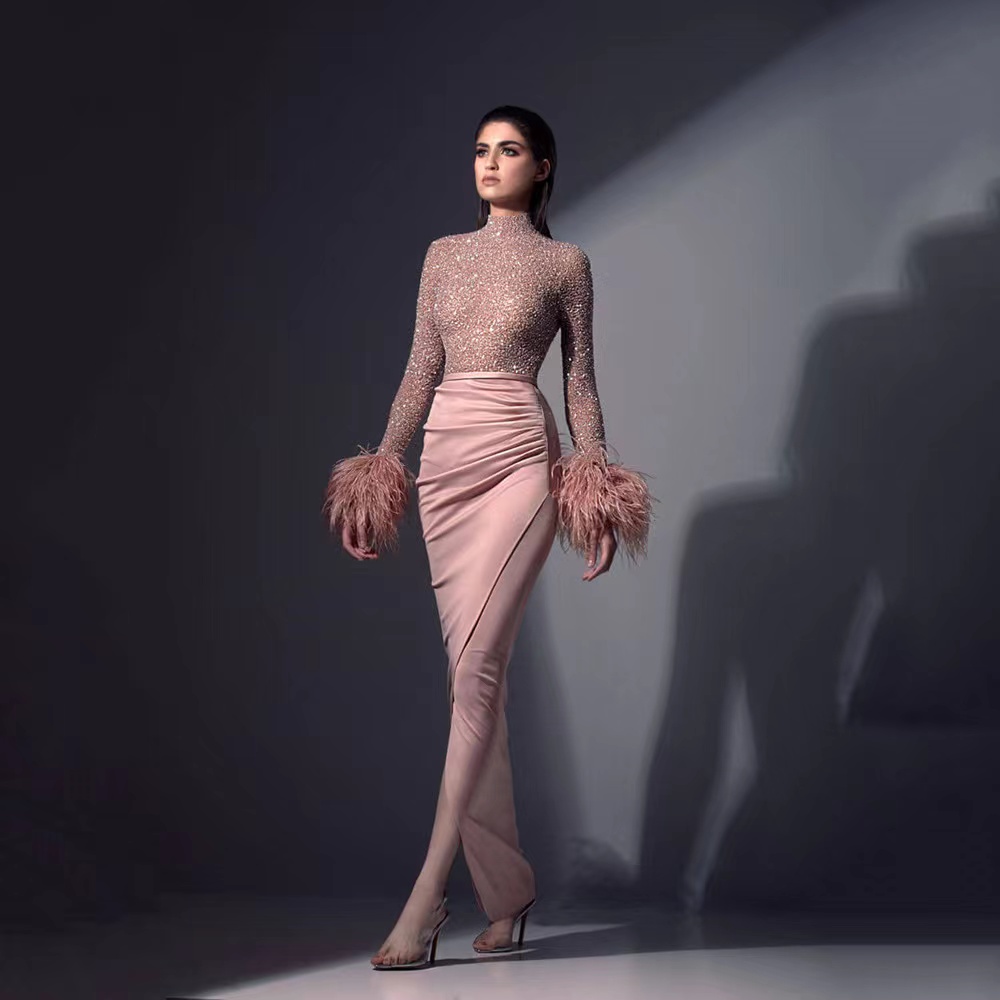 Modest Long Sleeve Evening Dresses Formal Occasion Wear Gold Appliques Beads Hunter Sheer Neck Arabic Robe de soriee crystal Cocktail Mermaid Even Dress