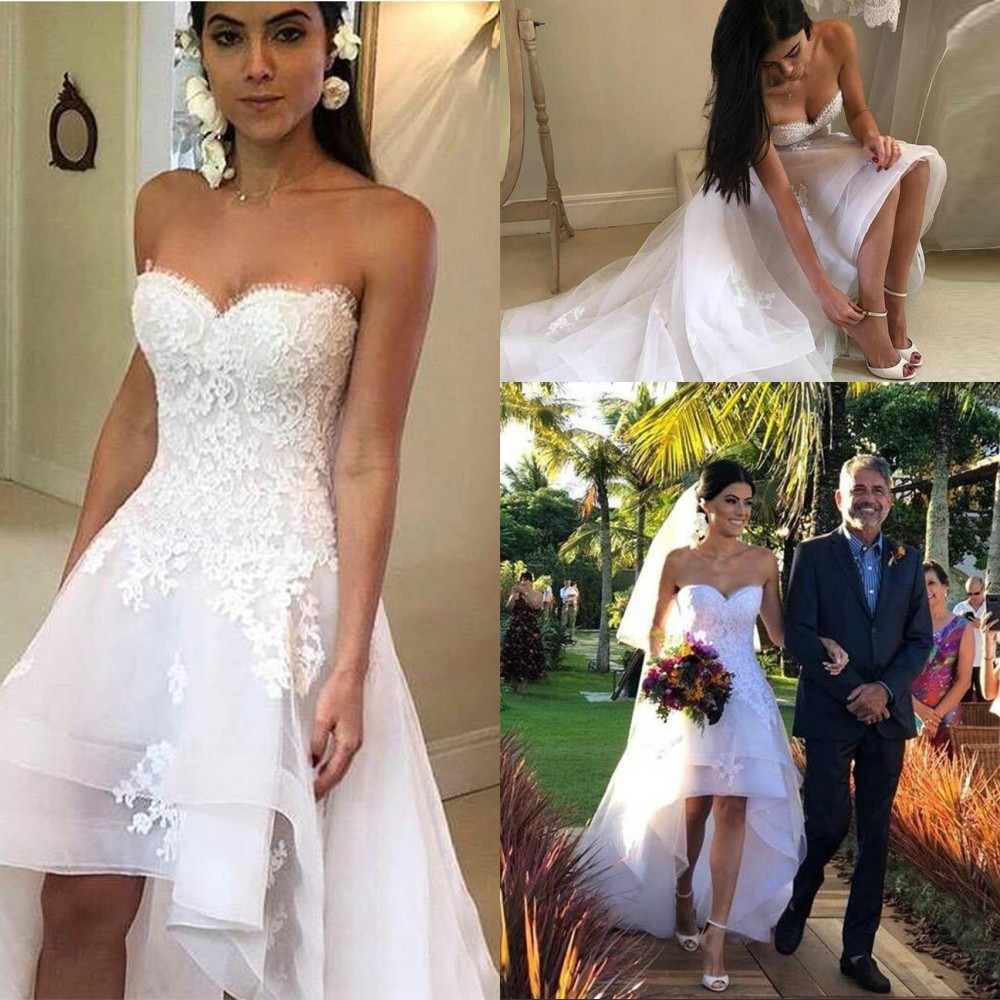 2023 Simple A Line Dresses Sweetheart Sleeveless Lace Appliques High Low Tiered Country Beach Wedding Dress Bridal Gown Robe Mariage Vestido De Novia