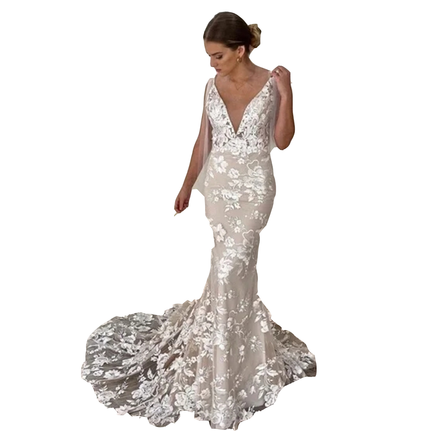 Boho Mermaid Dresses Deep V Neck Full Lace Champagne Bridal Gowns Backless Wedding Dress Sweep Train Plus Size Custom Made With Bow 403 6660311