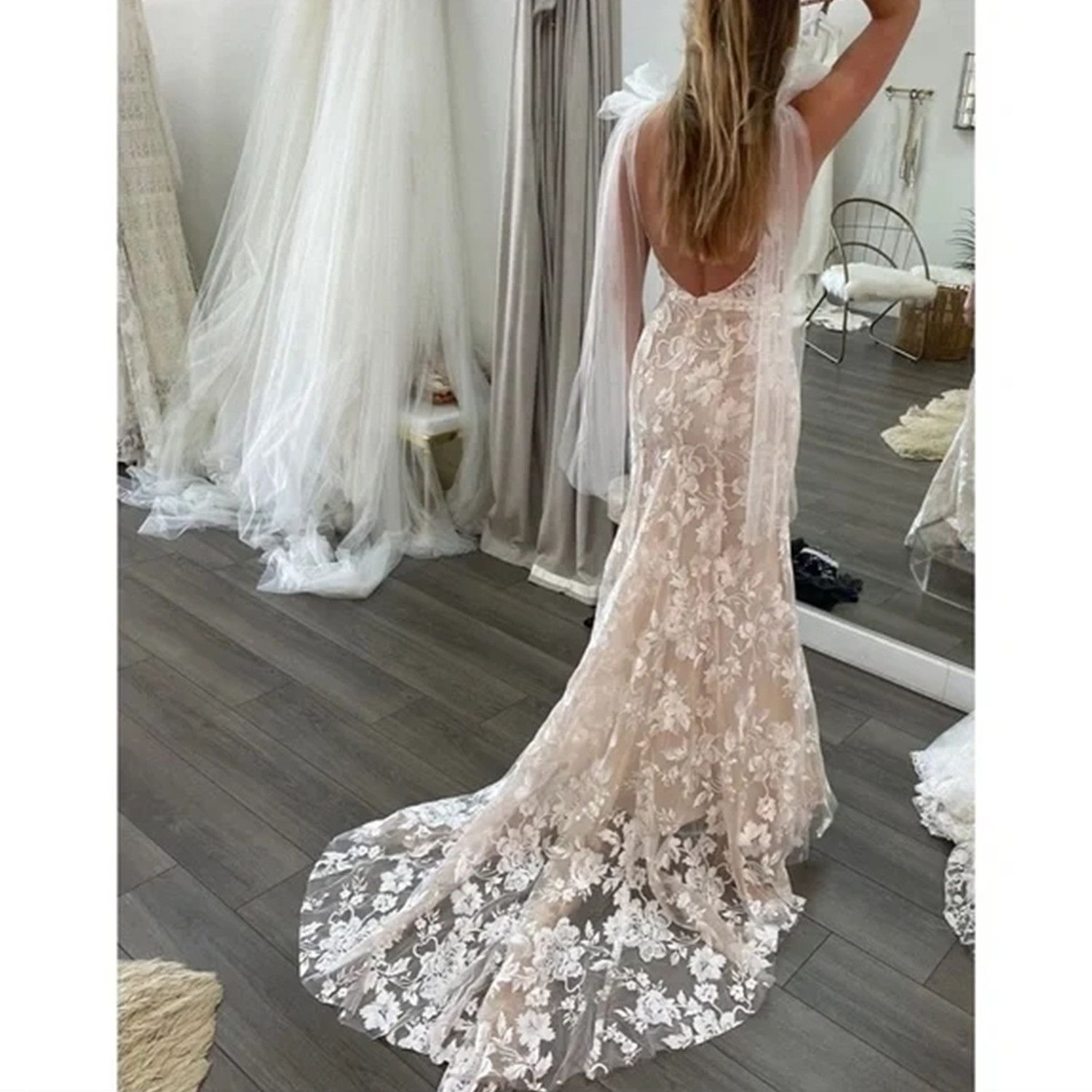 Boho Mermaid Dresses Deep V Neck Full Lace Champagne Bridal Gowns Backless Wedding Dress Sweep Train Plus Size Custom Made With Bow 403 6660311