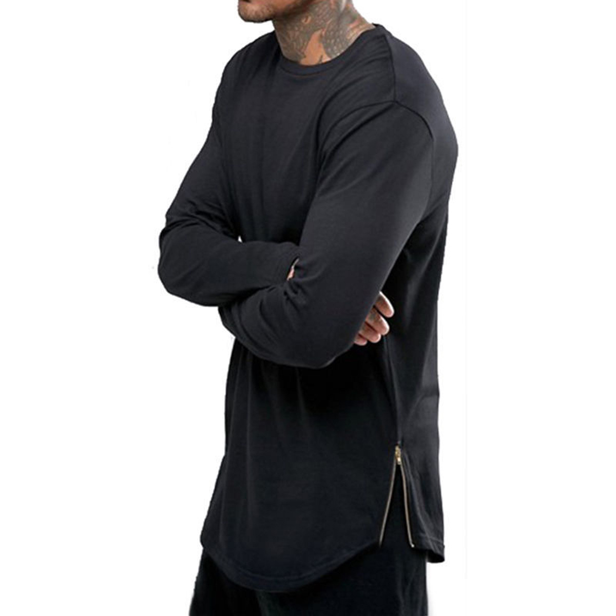 

Longline Men's T-Shirt: Hip Hop Style with Arc Hem & Side Zip - Super Long Sleeve & Baggy Fit, White tee 2