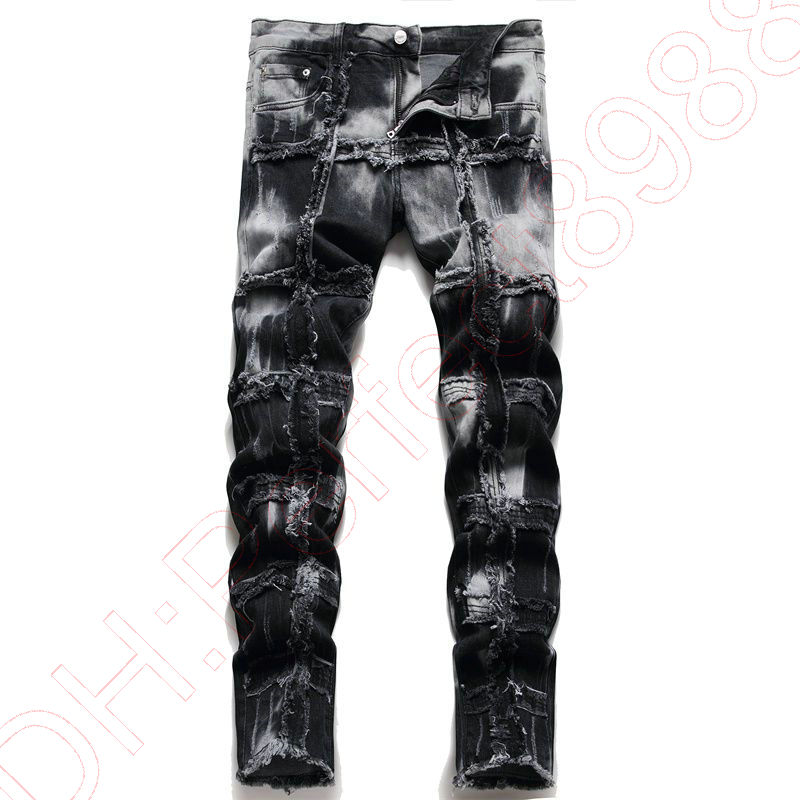 New JEANS chino Pants pant Men's trousers Stretch close-fitting slacks washed straight Skinny Embroidery Patchwork Ripped mens Trend Brand Motorc
