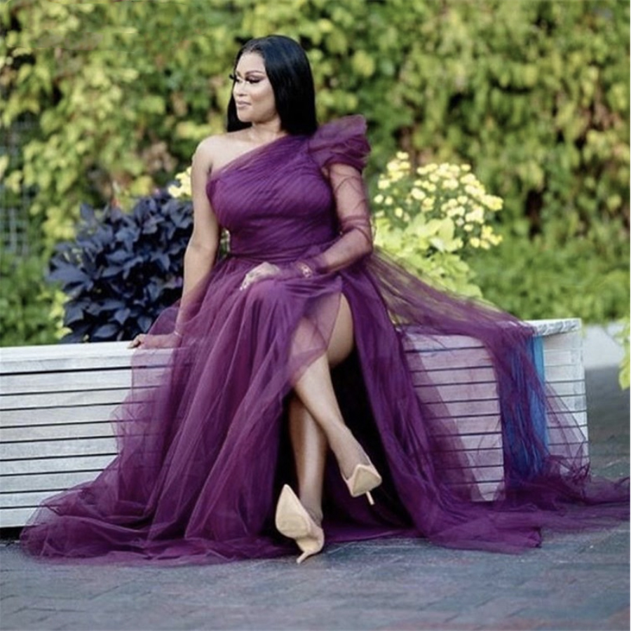 One Shoulder Bridesmaid Dresses Long Sleeves Soft Tulle A-Line Side Slit Bridesmaid Dress Wedding Party Dresses With Zipper Back