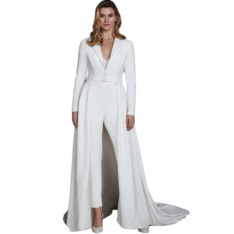 Simple A Line Wedding Dresses Long Sleeves Women Jumpsuits 2 Pieces V-Neck Pants Suit Bridal Gowns Elegant Ivory Satin Bride Outfits Elopement Vestido
