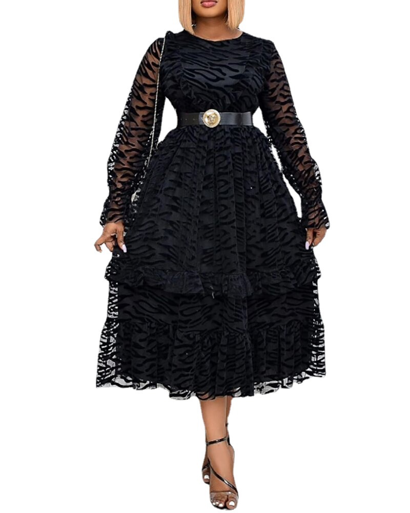 Plus size Dresses Mesh Flocking Elegant Large Skirt Train Large Size Dress With Wooden Ear Edge Without Belt