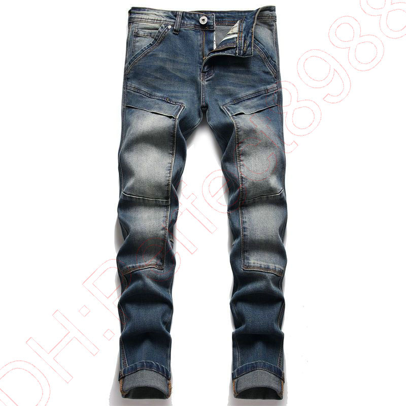 New JEANS chino Pants pant Men's trousers Stretch close-fitting slacks washed straight Skinny Embroidery Patchwork Ripped mens Trend Brand Motorc