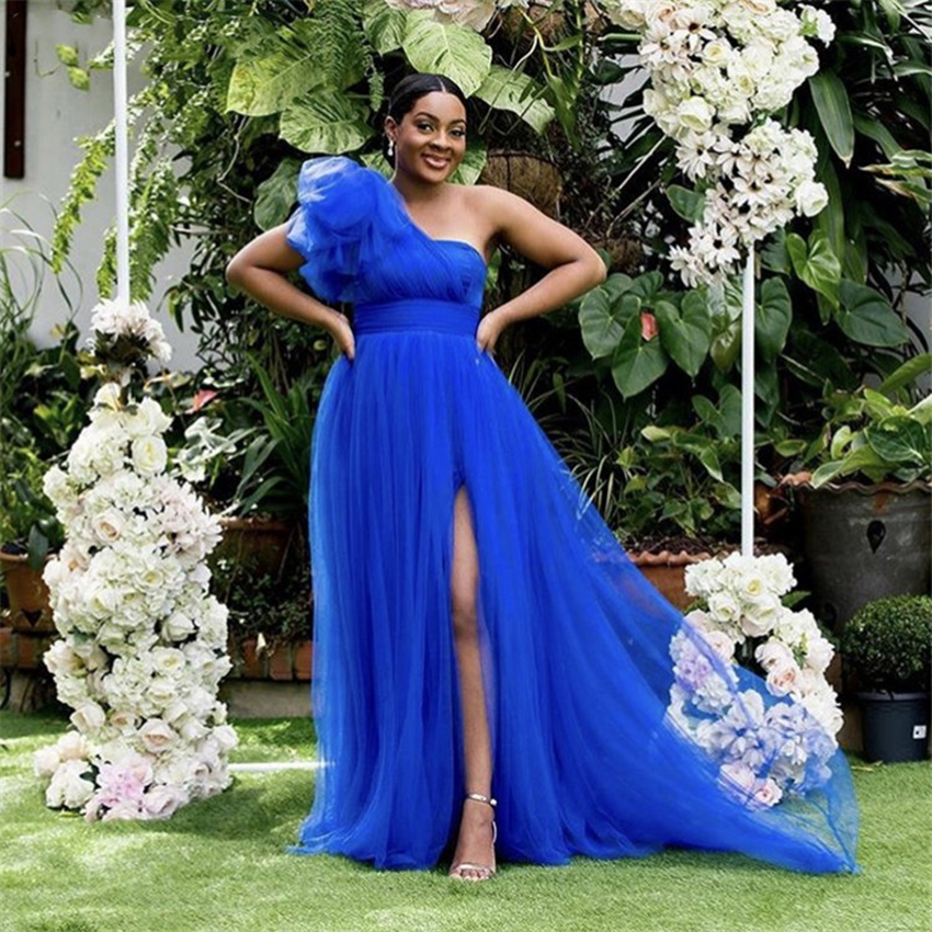 Bridesmaid Dresses One Shouder Floor Length Soft Tulle A-Line Side Slit Bridesmaid Dress Wedding Party Dresses With Zipper Back