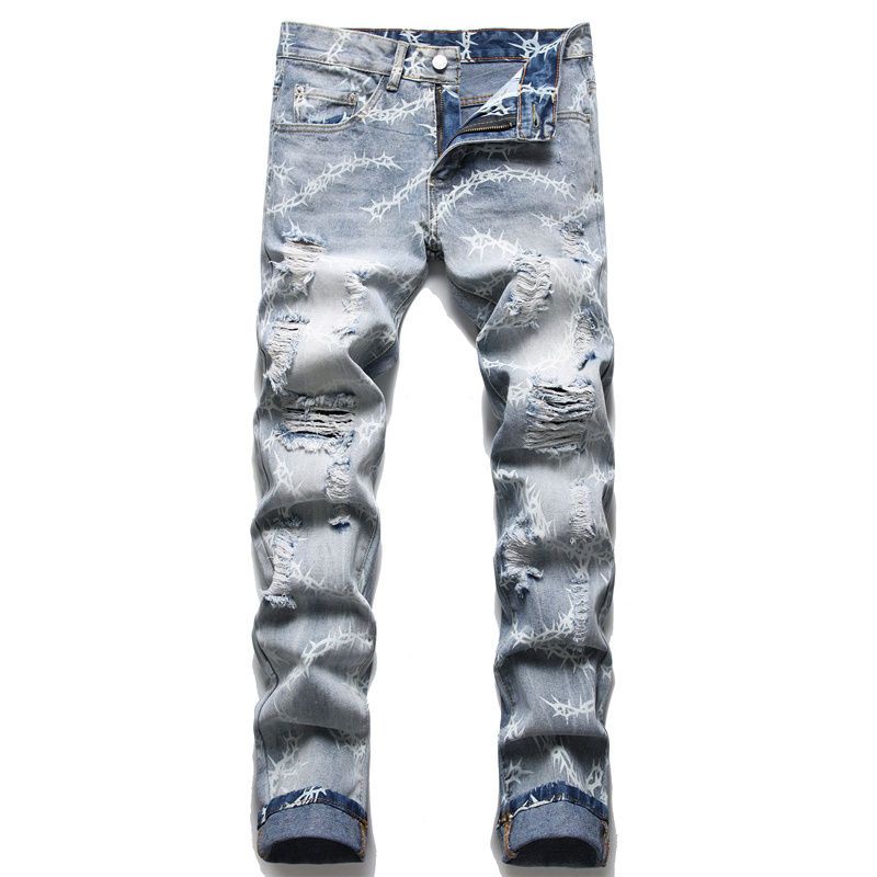 New JEANS chino Pants pant Men's trousers Stretch close-fitting slacks washed straight Skinny Embroidery Patchwork Ripped mens Trend Brand Motorc