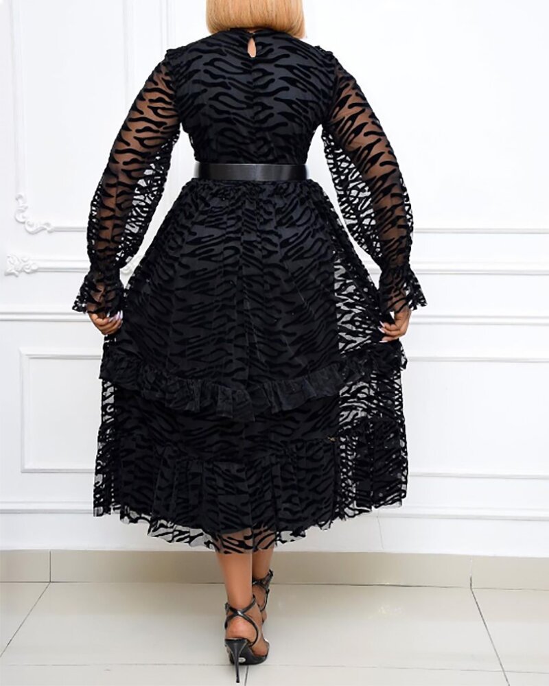 Plus size Dresses Mesh Flocking Elegant Large Skirt Train Large Size Dress With Wooden Ear Edge Without Belt