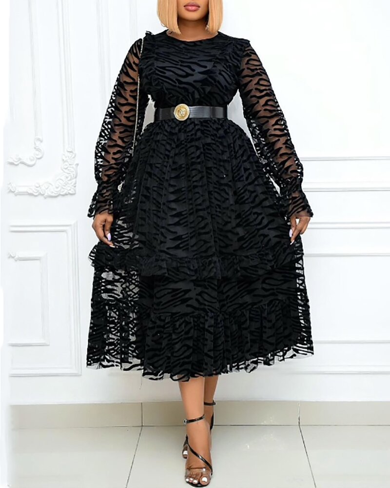Plus size Dresses Mesh Flocking Elegant Large Skirt Train Large Size Dress With Wooden Ear Edge Without Belt