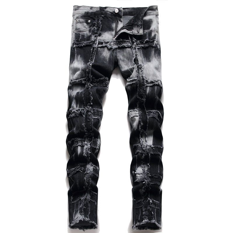 New JEANS chino Pants pant Men's trousers Stretch close-fitting slacks washed straight Skinny Embroidery Patchwork Ripped mens Trend Brand Motorc