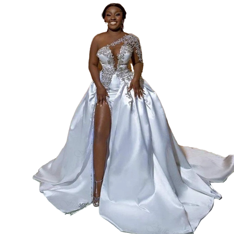 Luxury One Shoulder Satin A Line Wedding Dresses With Detachable Train Beading Lace Side High Slit Sexy Vestidos De Novia African Long Sleeve Bridal G
