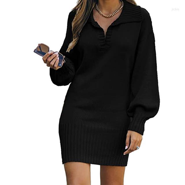 Casual Dresses Women Long Sleeve Loose Fit Solid Color Pullover Jumper Sweater Wrap Dress Winter Warm Knitted