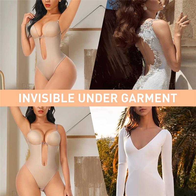Women's Shapers Bodysuit Shapewear Deep V-Neck Body Shaper Backless U Plunge Thong Waist Trainer Women Clear Strap Padded Push Up CorsetWome
