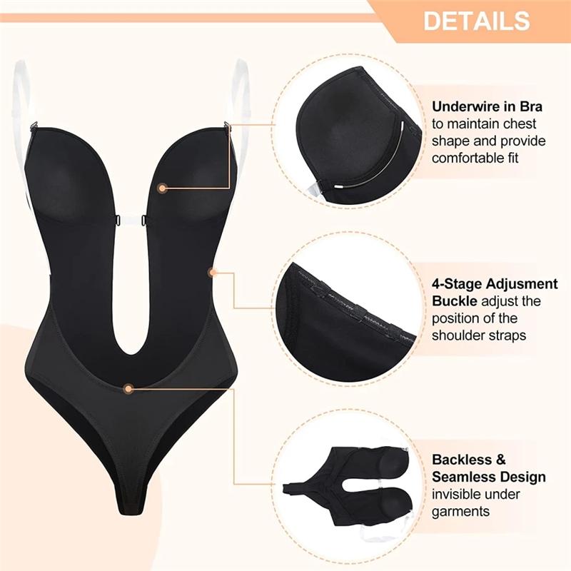 Women's Shapers Bodysuit Shapewear Deep V-Neck Body Shaper Backless U Plunge Thong Waist Trainer Women Clear Strap Padded Push Up CorsetWome