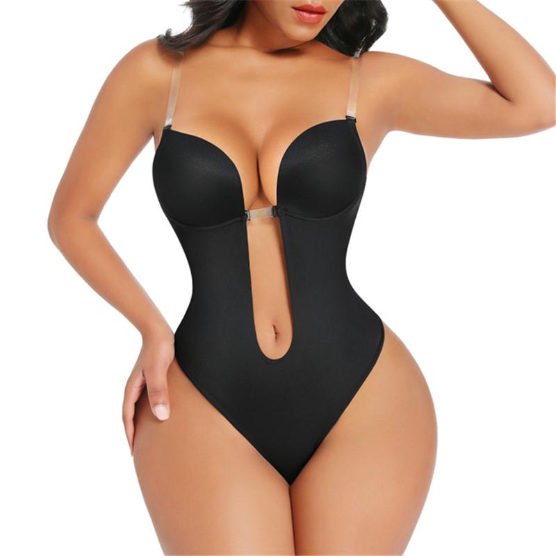 Women's Shapers Bodysuit Shapewear Deep V-Neck Body Shaper Backless U Plunge Thong Waist Trainer Women Clear Strap Padded Push Up CorsetWome