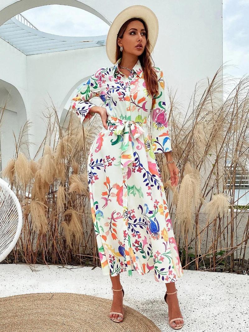 Casual Dresses Leosoxs 2023 Summer Women Vintage Totem Floral Print Dress With Bow Female Sashes Midi Shirt Chic Slim Vestido