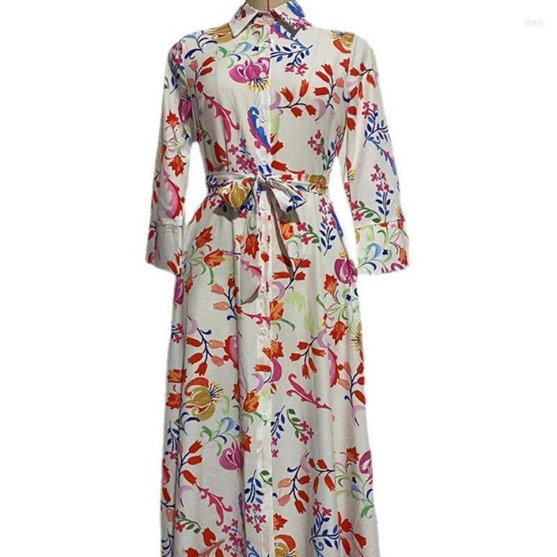 Casual Dresses Leosoxs 2023 Summer Women Vintage Totem Floral Print Dress With Bow Female Sashes Midi Shirt Chic Slim Vestido