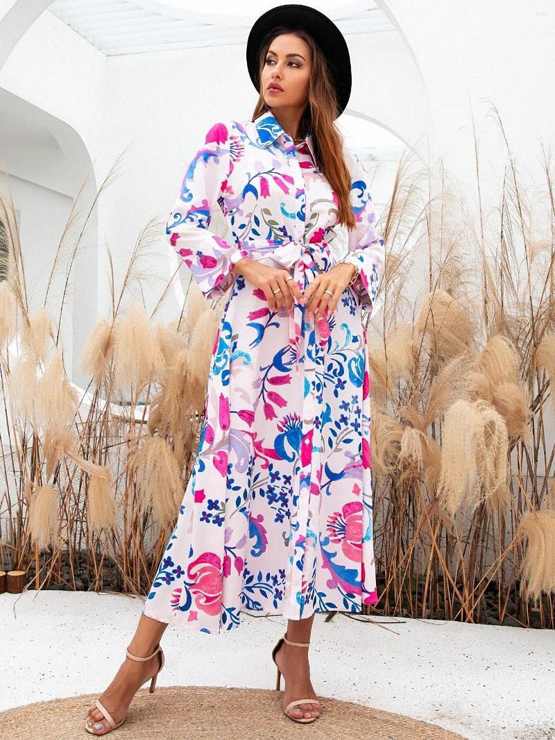 Casual Dresses Leosoxs 2023 Summer Women Vintage Totem Floral Print Dress With Bow Female Sashes Midi Shirt Chic Slim Vestido
