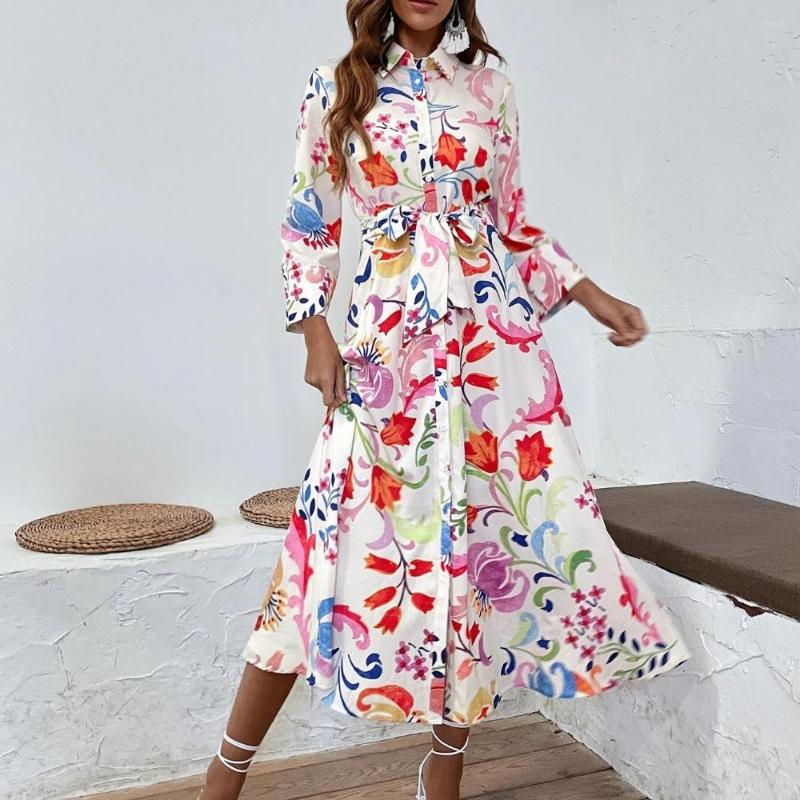 Casual Dresses Leosoxs 2023 Summer Women Vintage Totem Floral Print Dress With Bow Female Sashes Midi Shirt Chic Slim Vestido