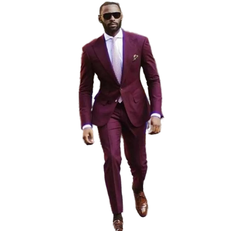 2 Pieces Burgundy Groom Wear Wedding Tuxedos Long Sleeves Two Buttons Slim Fit Men Suits Prom Party Blazer Jacket Pants Fashion Coat Trousers Sets