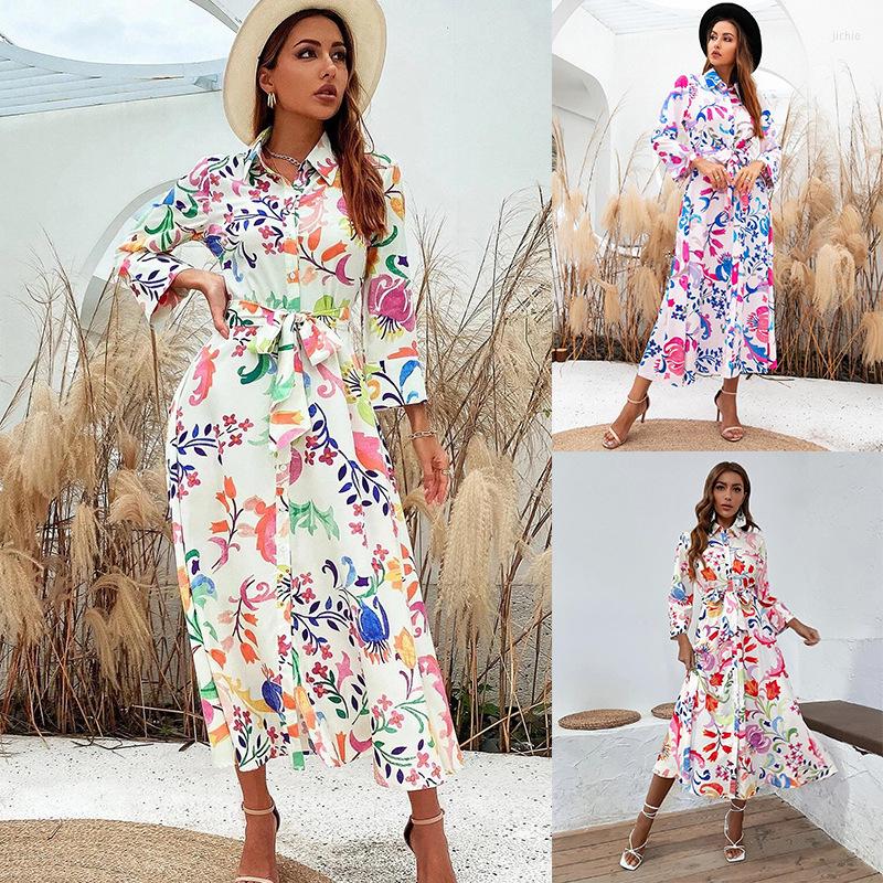 Casual Dresses Leosoxs 2023 Summer Women Vintage Totem Floral Print Dress With Bow Female Sashes Midi Shirt Chic Slim Vestido