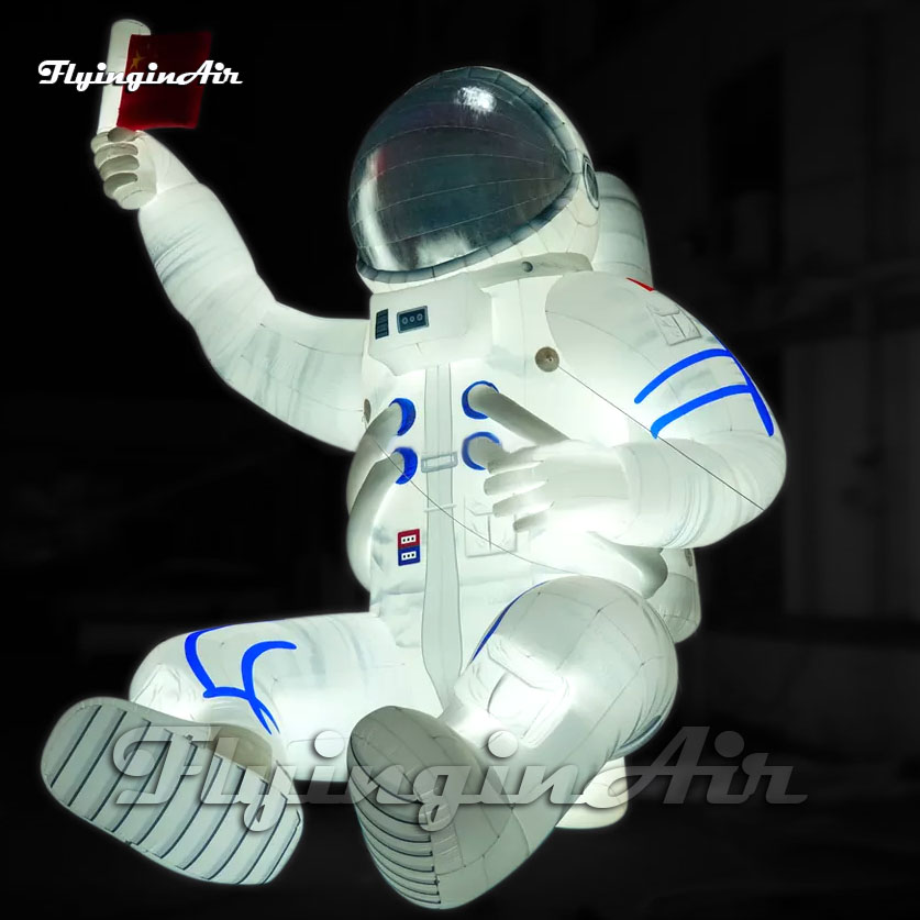 Personalized Giant Inflatable Astronaut Model White Air Blow Up Sitting Spaceman Balloon Holding Flag With LED Light For Concert Stage Show