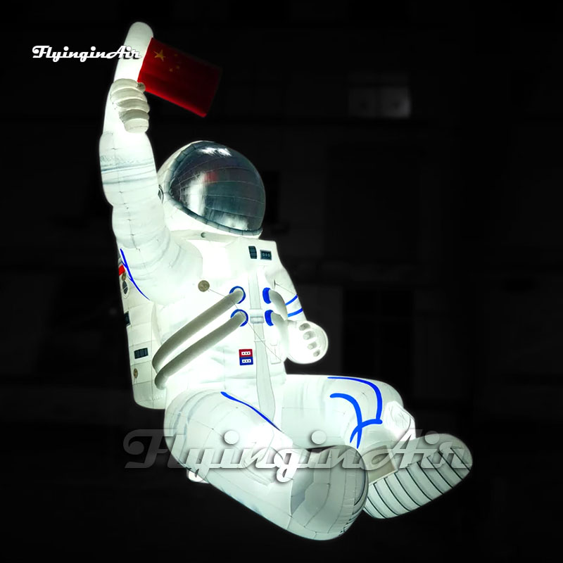 Personalized Giant Inflatable Astronaut Model White Air Blow Up Sitting Spaceman Balloon Holding Flag With LED Light For Concert Stage Show