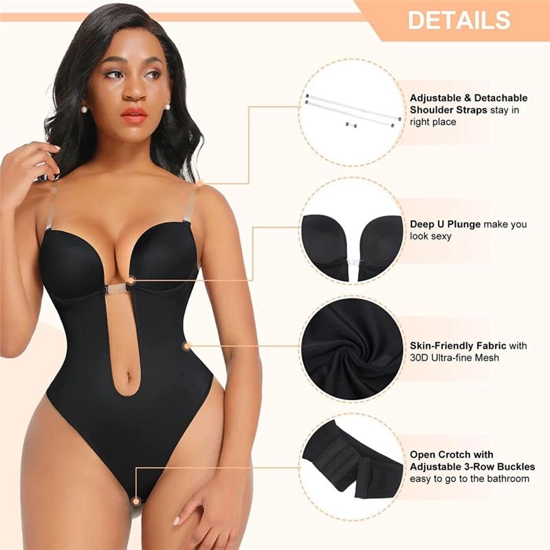 Women's Shapers Bodysuit Shapewear Deep V-Neck Body Shaper Backless U Plunge Thong Waist Trainer Women Clear Strap Padded Push Up CorsetWome