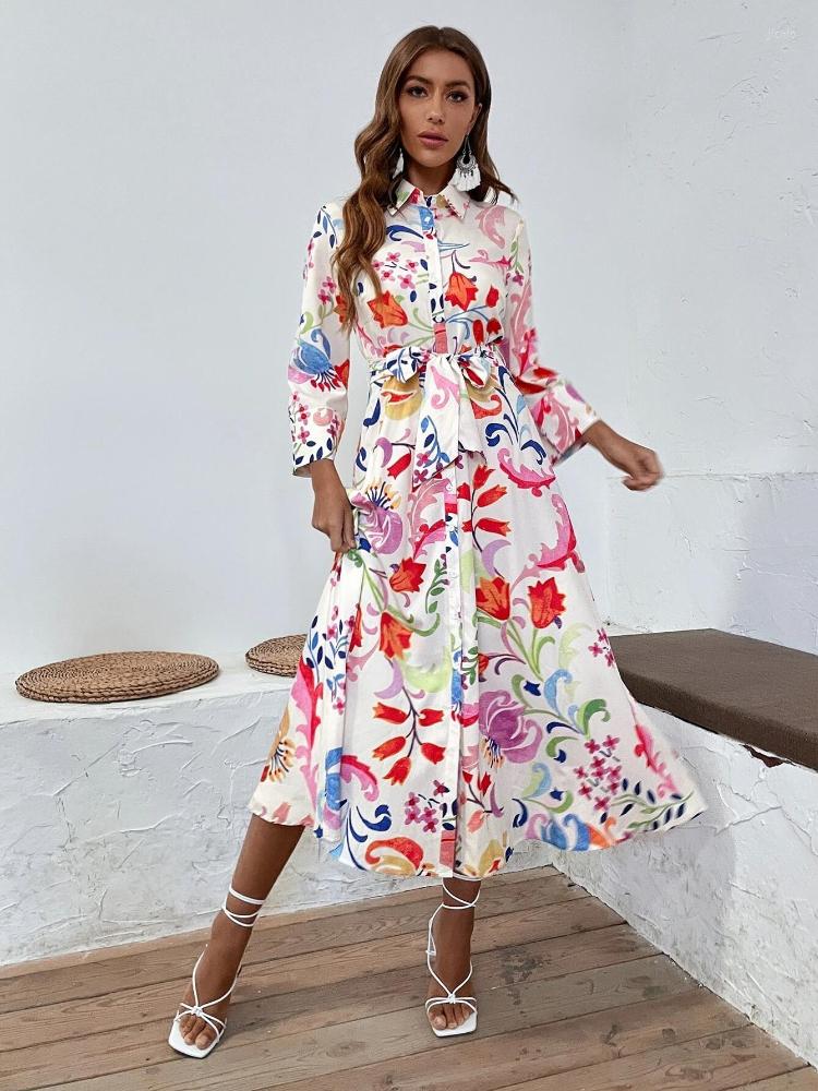 Casual Dresses Leosoxs 2023 Summer Women Vintage Totem Floral Print Dress With Bow Female Sashes Midi Shirt Chic Slim Vestido